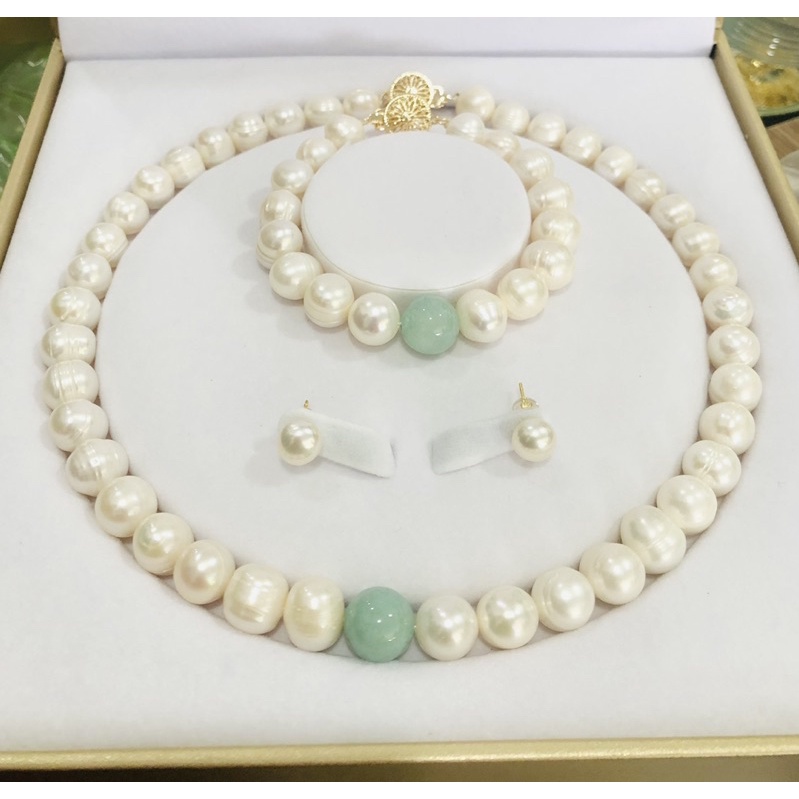 Bộ trang sức ngọc trai hạt lớn 10ly mix hạt xanh sang trọng - ngọc trai trường thịnh