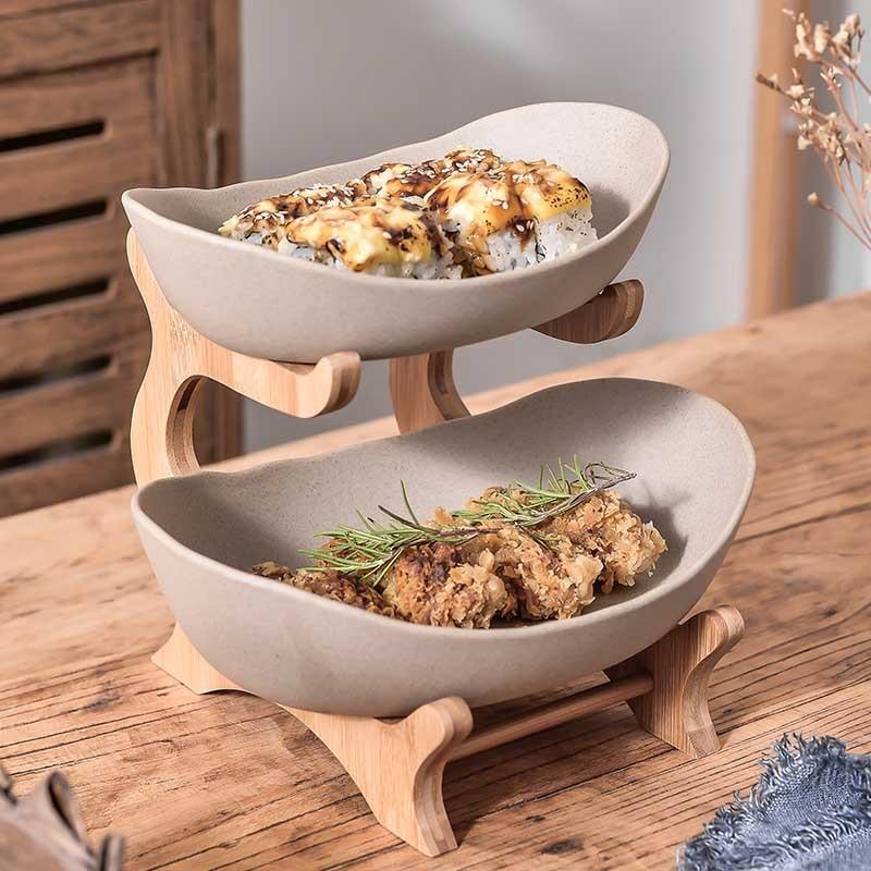 Khay sứ dạng 2 tầng đựng hoa quả - màu ngà