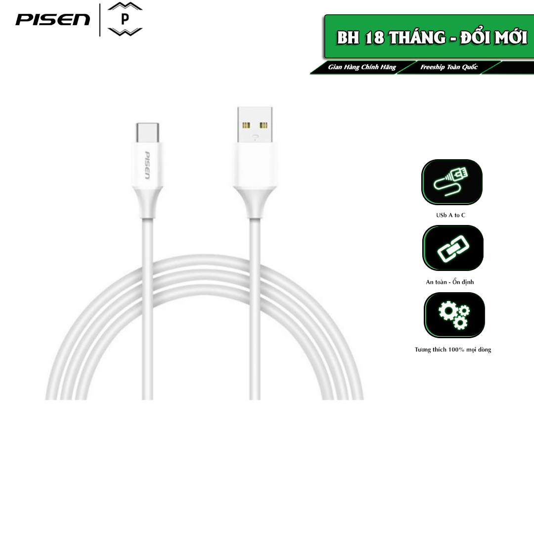 Cáp pisen mr white type-c usb-a 1m, sạc nhanh 3a, model: tc25-1000, bảo hành 18 tháng - hàng chính hãng