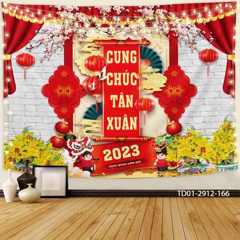 Tranh vải treo Tết, Chúc Mừng Năm Mới, happy new year, khổ lớn 3m x1m8