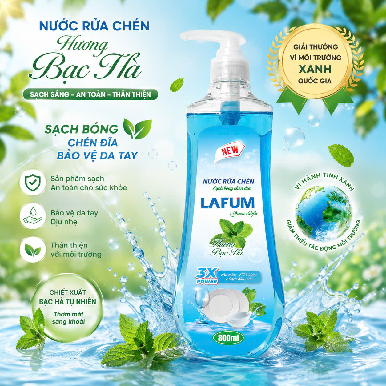Nước rửa chén Hương bạc hà Lafum 800ml - 2,1kg- Sạch bong chén đĩa bảo vệ da tay - An toàn sức khỏe - Thanh tẩy vi khuẩn - Chiết xuất bạc hà tươi mới