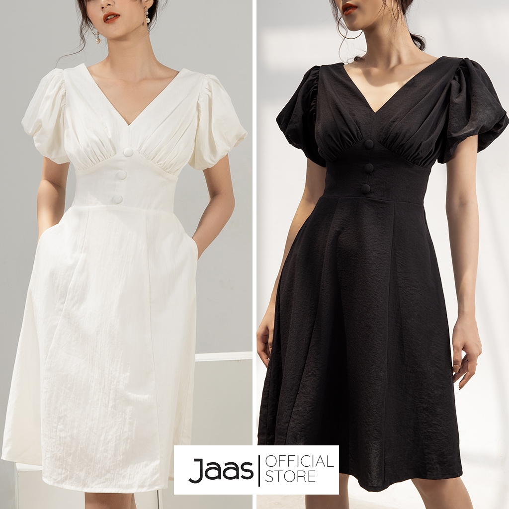 Đầm linen tay phồng dáng xòe, váy tay phồng thanh lịch