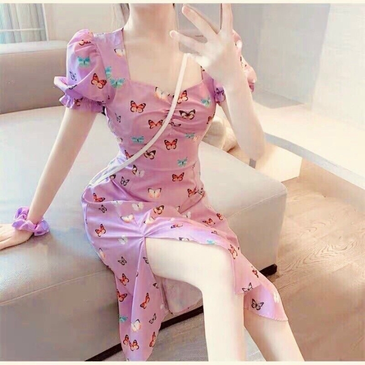 [freeship]ĐẦM NỮ DỂ THƯƠNG TAY BỤP CỔ VUÔNG XẺ TA HỌA TIẾT DỂ THƯƠNG FORM DÁNG TỪ 55KG TRỞ XUỐNG TÙY CHIỀU CAO - girly store