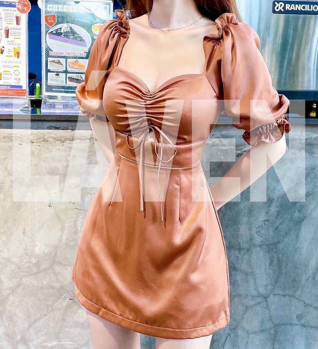 Đầm Lụa Satin ( Có Mút ngực ) Phối Tay Phồng Cổ Rộng Hở Lưng Siêu Cá Tính .QC