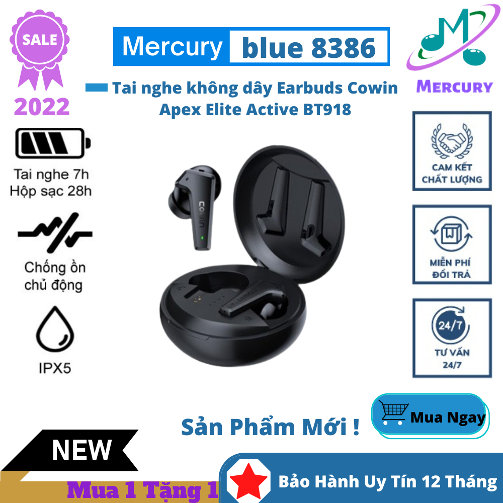 Tai nghe không dây Earbuds Cowin Apex Elite Active BT918 - Tai nghe bass mạnh - Âm thanh tuyệt hảo, Kết nối Bluetooth 5.0, Chống ồn hiệu quả. Bảo Hành 12 Tháng