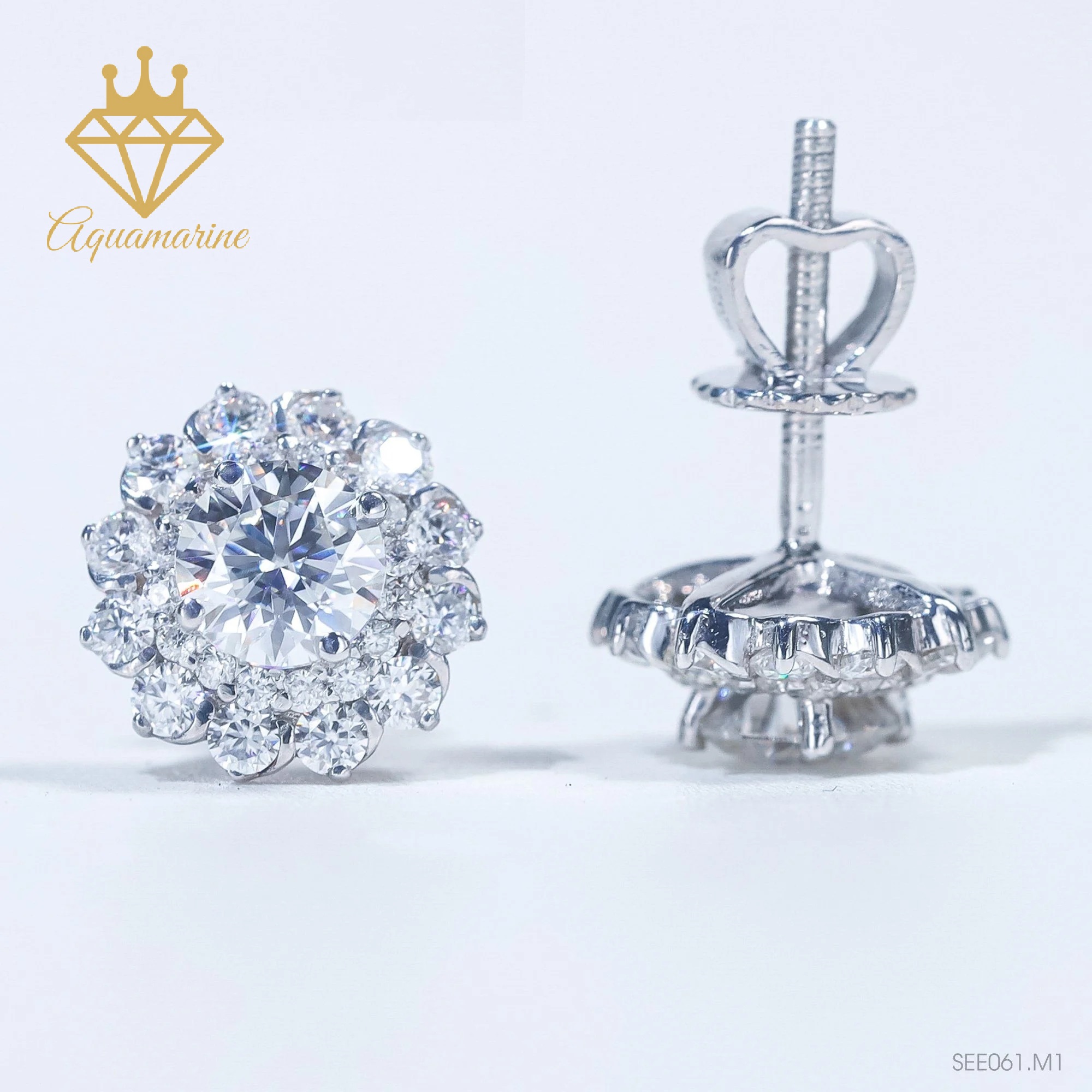 Bông tai kim cương nhân tạo Moissanite 5.4 ly kiểm định GRA bạc xi bạch kim SEE061