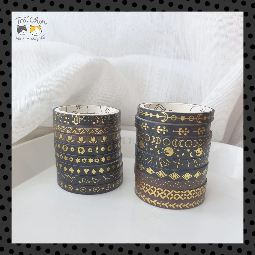 Washi tape nhũ ánh kim đen huyền bí - gold black washi tape