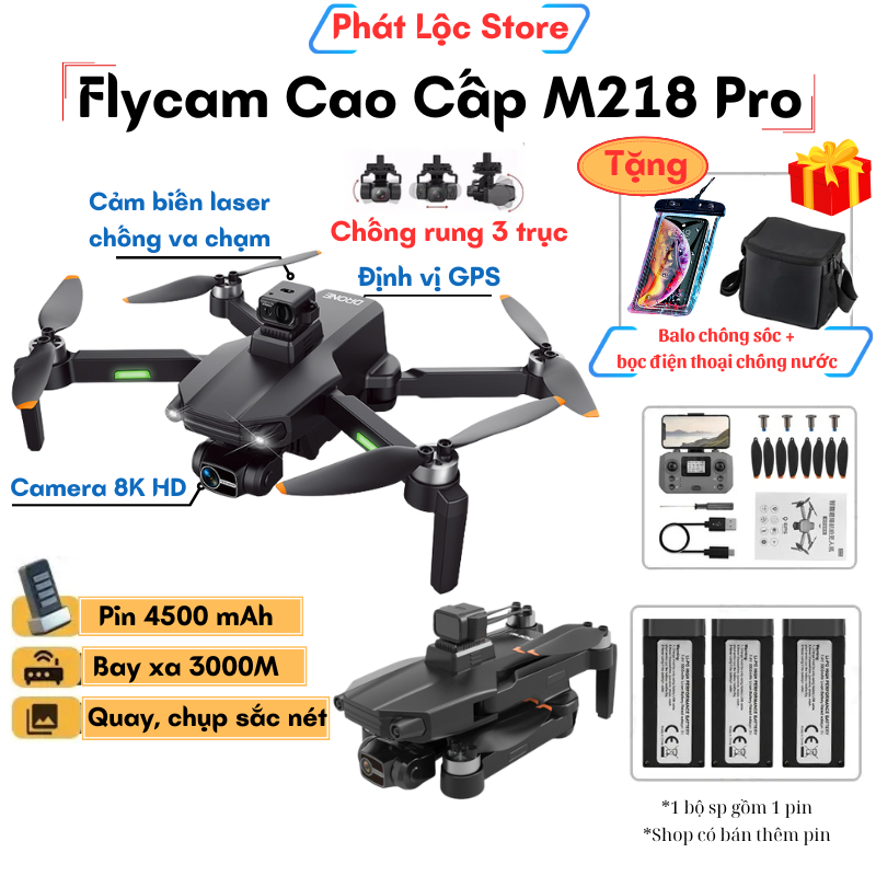 Flycam M218 có GPS, Chống rung 3 trục, Cảm biến chống va chạm, Máy bay điều khiển từ xa camera 8k, Pin 3000mAh