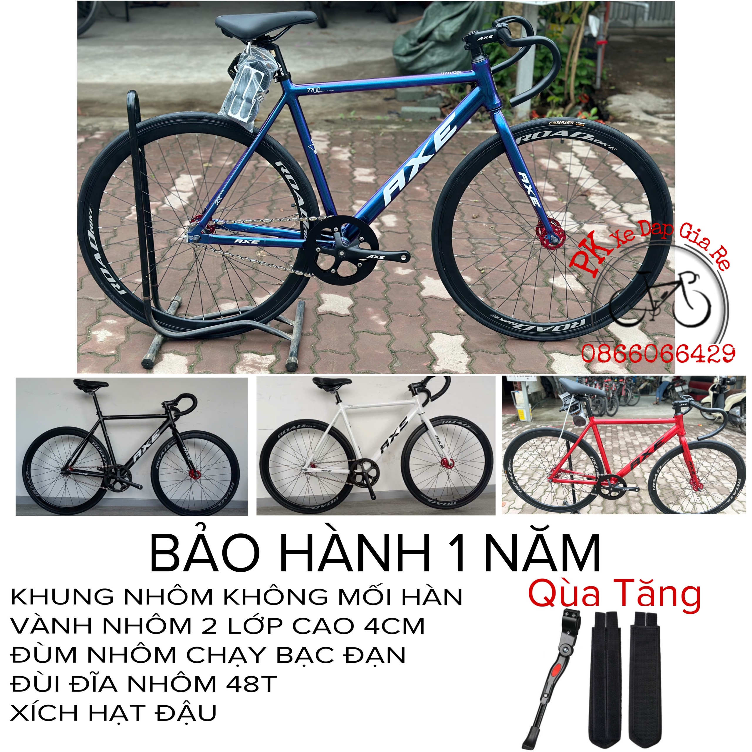 Xe Đạp Fixed Gear AXE 7700 Khung Nhôm Không Mối Hàn, Xe Đạp Fixed Gear Khung Nhôm Cấu Hình Cơ Bản Tặ