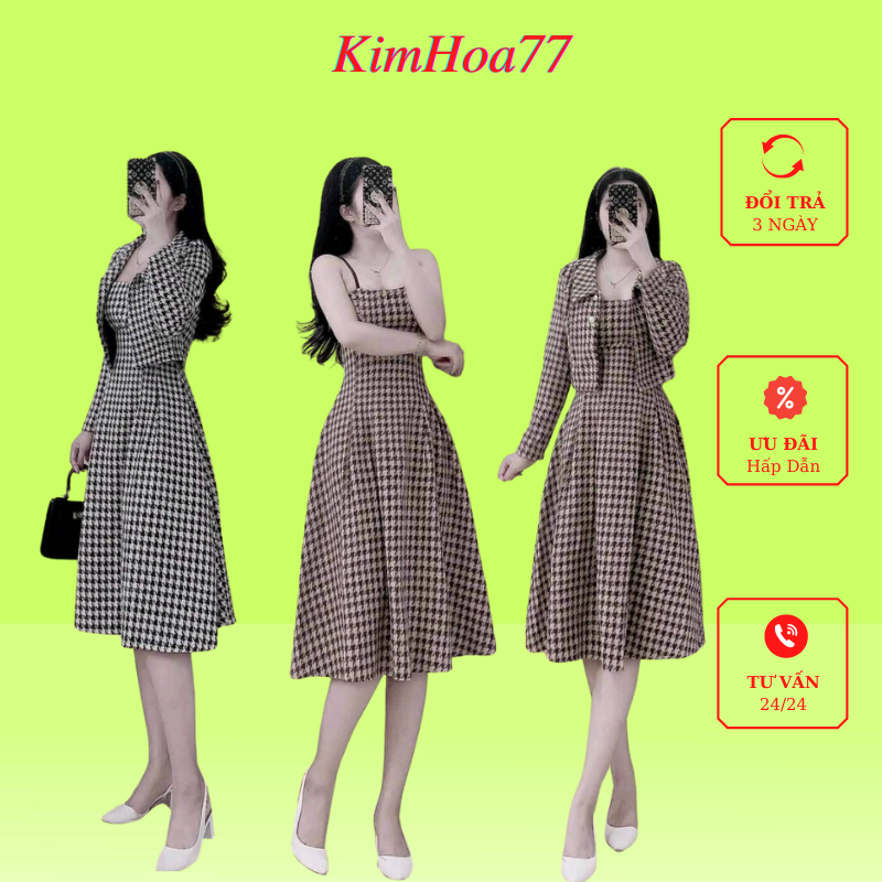 Sét áo vest váy dạ gồm áo vest tay dài mix váy body 2 dây có mút ngực chất bố dạ freesize kimhoa77