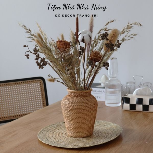 Bình hoa bằng mây tre đan thủ công, lọ đựng hoa khô decor trang trí độc đáo