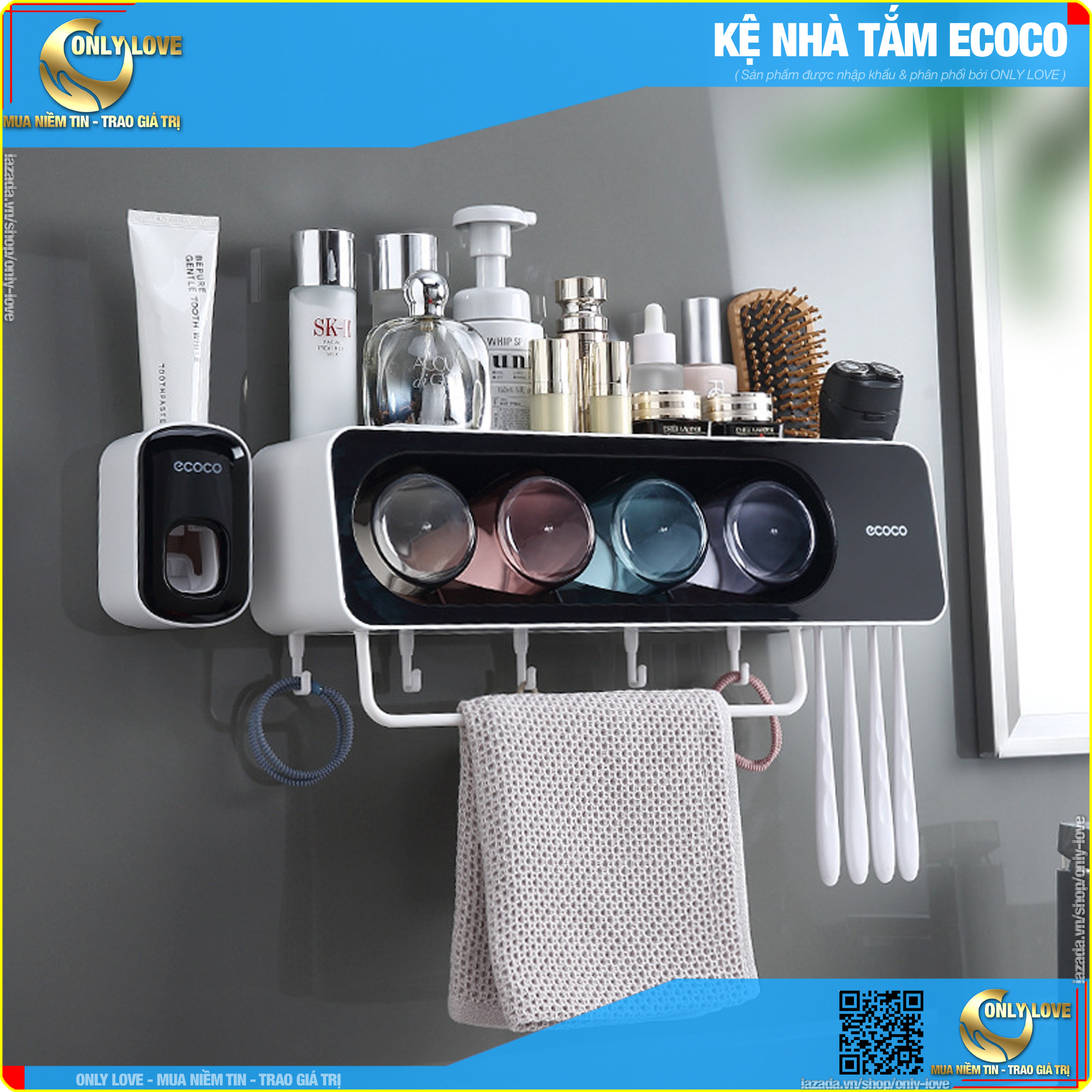 Bộ dụng cụ nhả kem đánh răng tự động ECOCO 2/3/4 cốc và giá treo bàn chải đa năng - ONLY LOVE