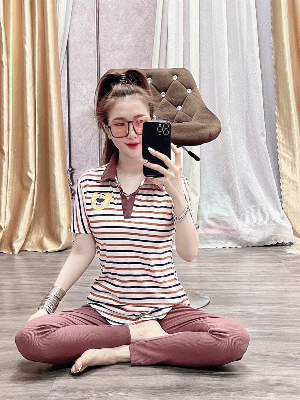 Set đồ bộ thun gân sọc có cổ vạc bầu xinh- ảnh thật