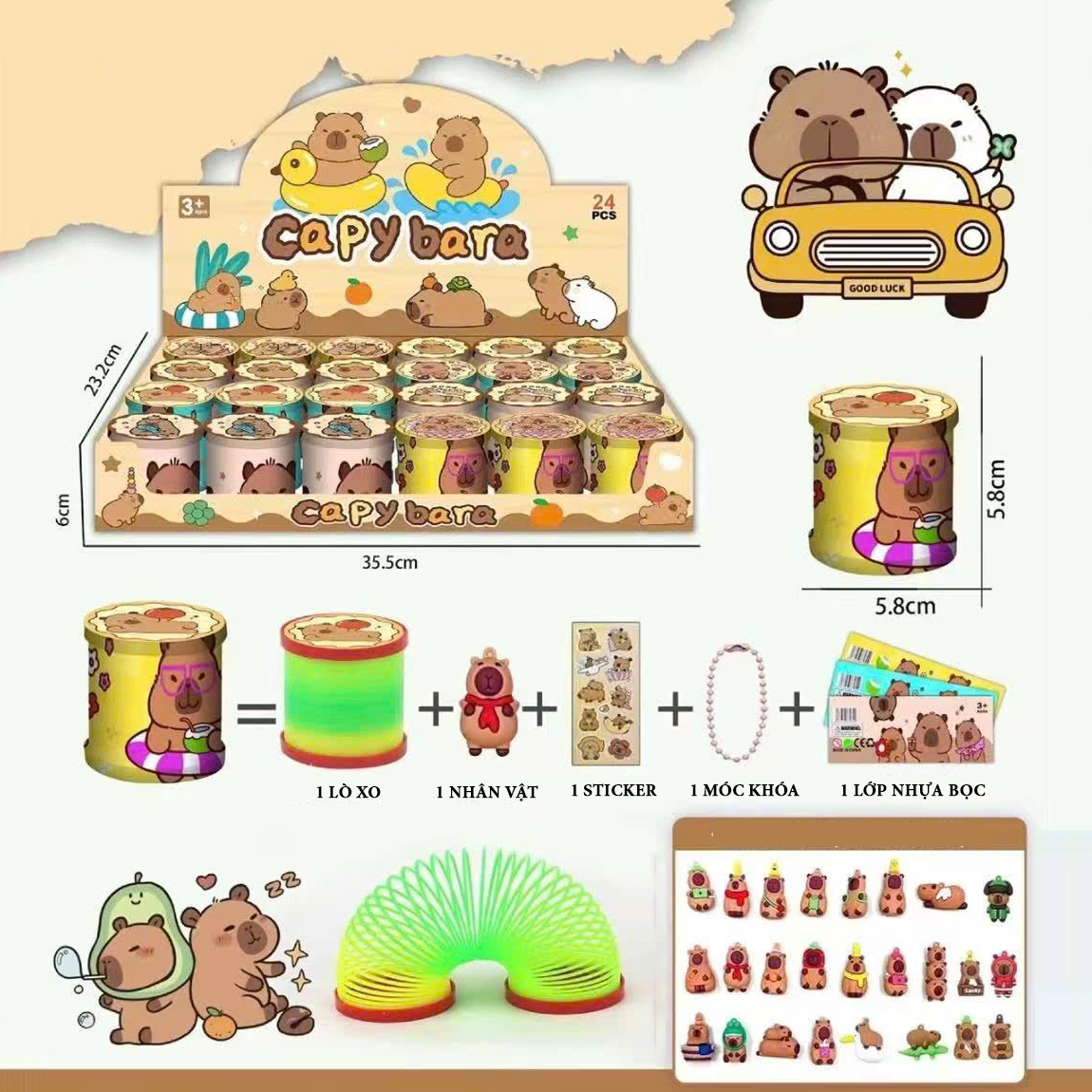 [TẶNG MÓC KHÓA + STICKER] Đồ chơi lò xo cầu vồng nhiều size Capybara Labubu Stitch Đồ chơi cho bé