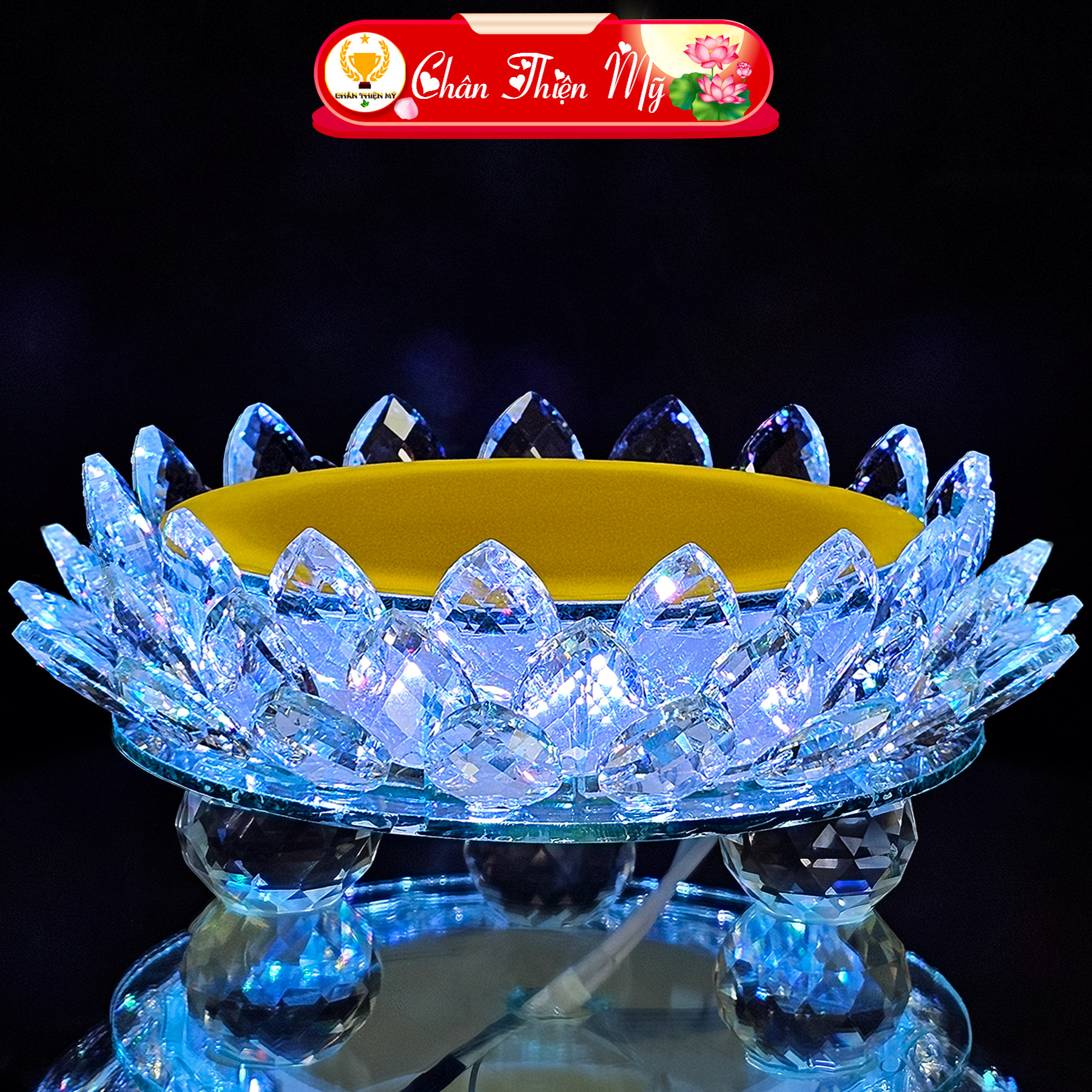 Đài Sen Pha Lê Tròn Trang Trí Tượng Quan Âm Cùng Phật Di Lặc CHÂN THIỆN MỸ, Có Đèn LED Đổi Màu Kèm Điều Khiển Từ Xa