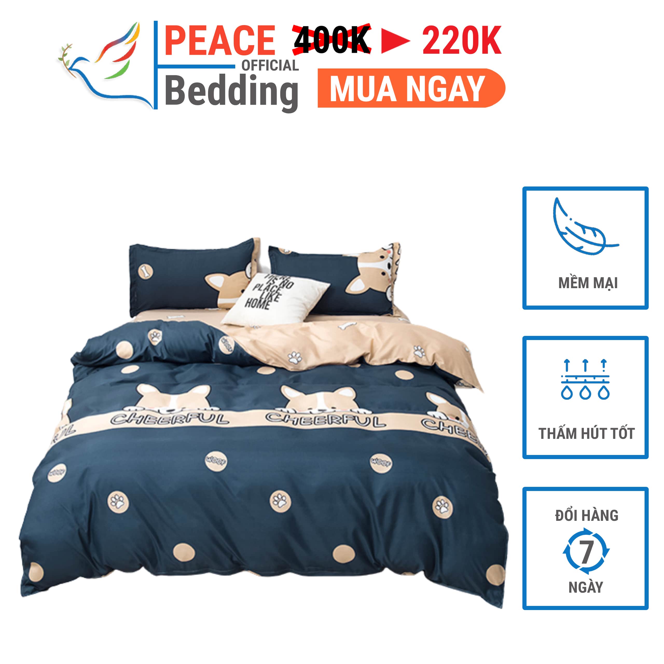 [FREESHIP] Bộ Vỏ Chăn Ga Giường Và 2 Vỏ Gối Đầu 4 Món Giá Rẻ Mẫu Chú Chó Cheerful Dễ Thương Chất Liệu Cotton Poly Cho Nệm 1M2, M4, M6, M8, 2M