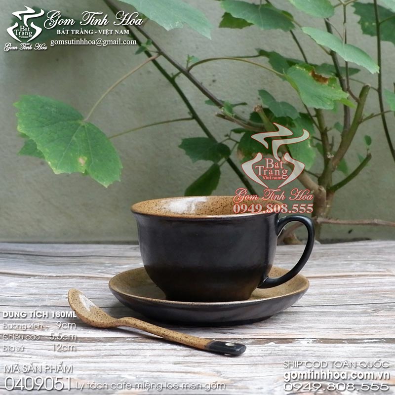 Ly tách uống trà cafe 180ml dáng loe men đen lòng gốm phong cách Nhật Bản