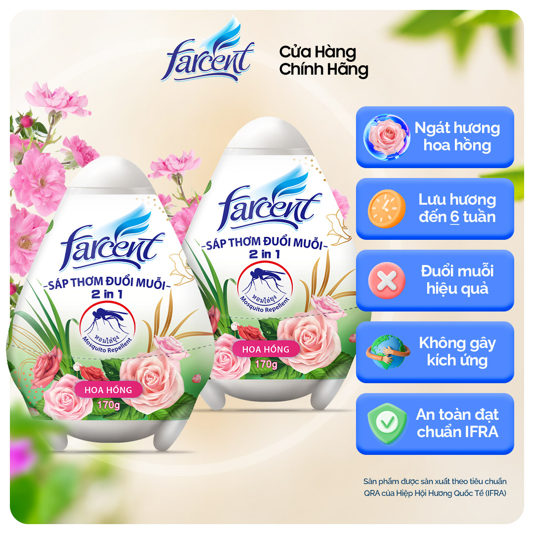 Combo 2 hộp Sáp thơm phòng đuổi muỗi, khử mùi hôi hình trứng Farcent 170g chính hãng - Hương hoa hồng chống muỗi