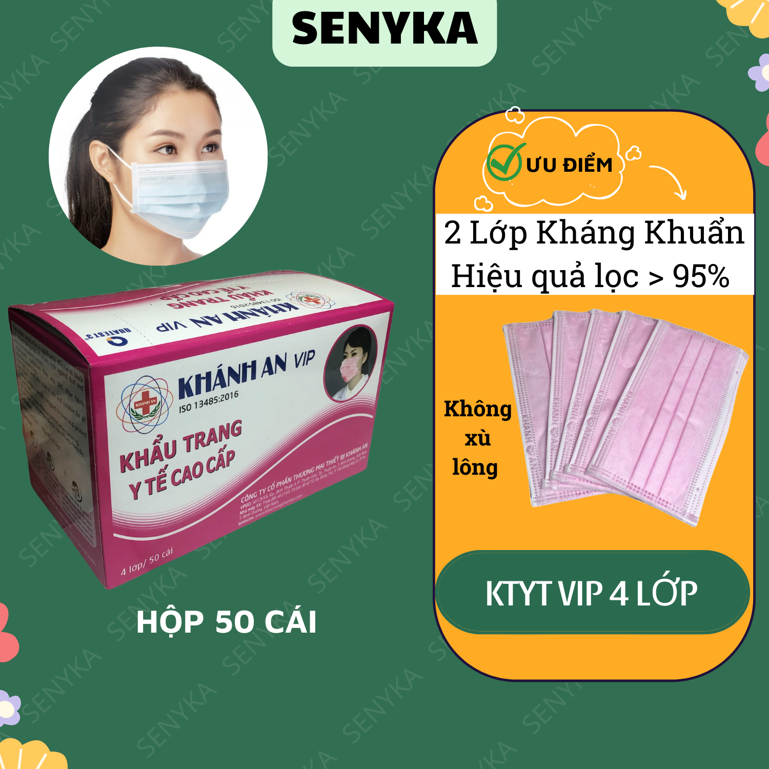 Khẩu trang khánh an màu hồng 4 lớp kháng khuẩn Hộp 50 cái  L1H