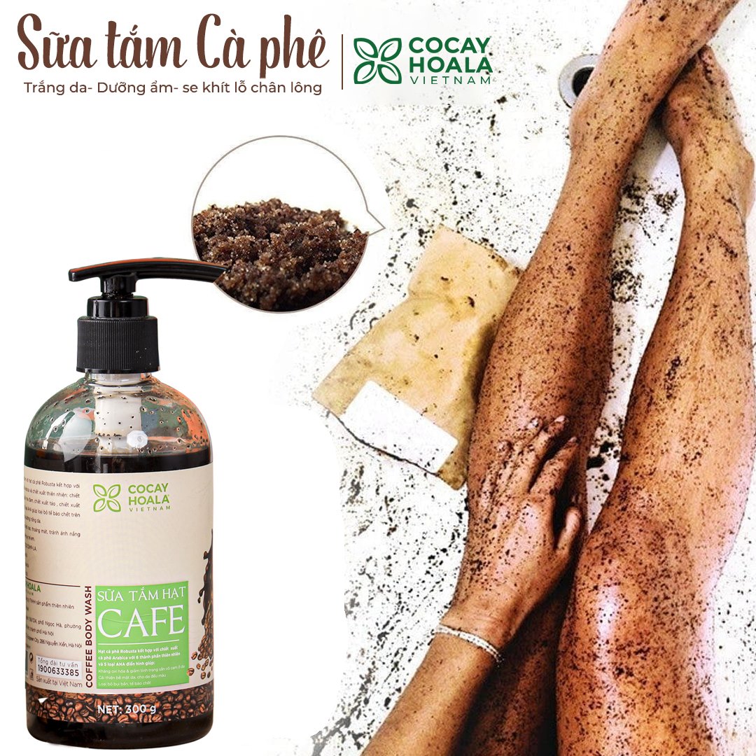 Sữa tắm khử mùi cơ thể Cocayhoala chiết xuất hạt Arabica thơm mùi cà phê, sáng mịn da, dưỡng ẩm, tẩy tế bào chết 300g