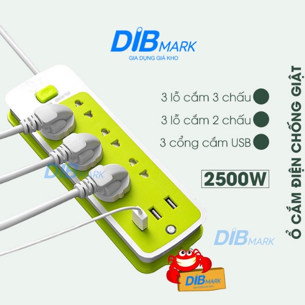 Ổ cắm điện 6 phích cắm kết hợp 3 cổng USB dây dài 1.38m
