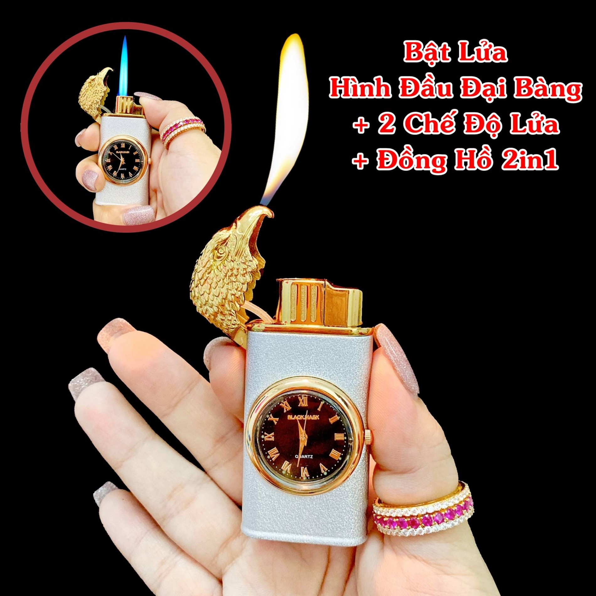 Hộp quẹt bật lửa 2 chế độ lửa đồng hồ 2in1 hy616 hình đầu đại bàng