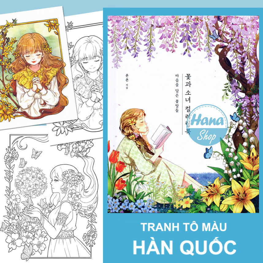 Bộ tranh tô màu Hàn Quốc "Cô gái và hoa" - 30 tranh, chất giấy dày đẹp
