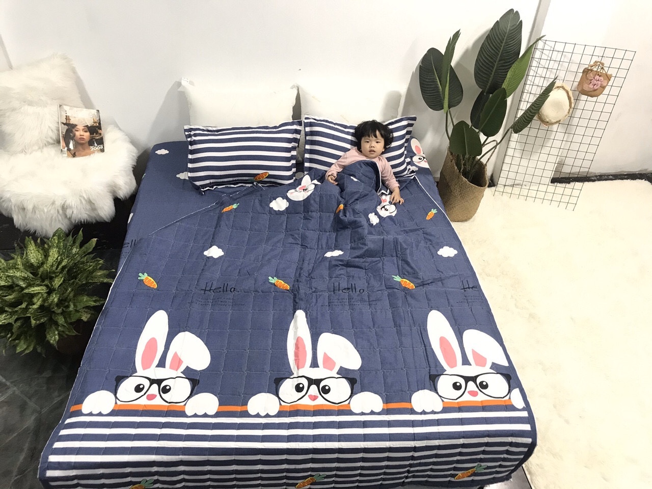 TRỌN BỘ 5 MÓN CHĂN  GA GỐI HÌNH   thỏ xanh  , CHẤT LIỆU KHÔNG  BAI , KHÔNG XÙ ,KHÔNG PHAI MÀU