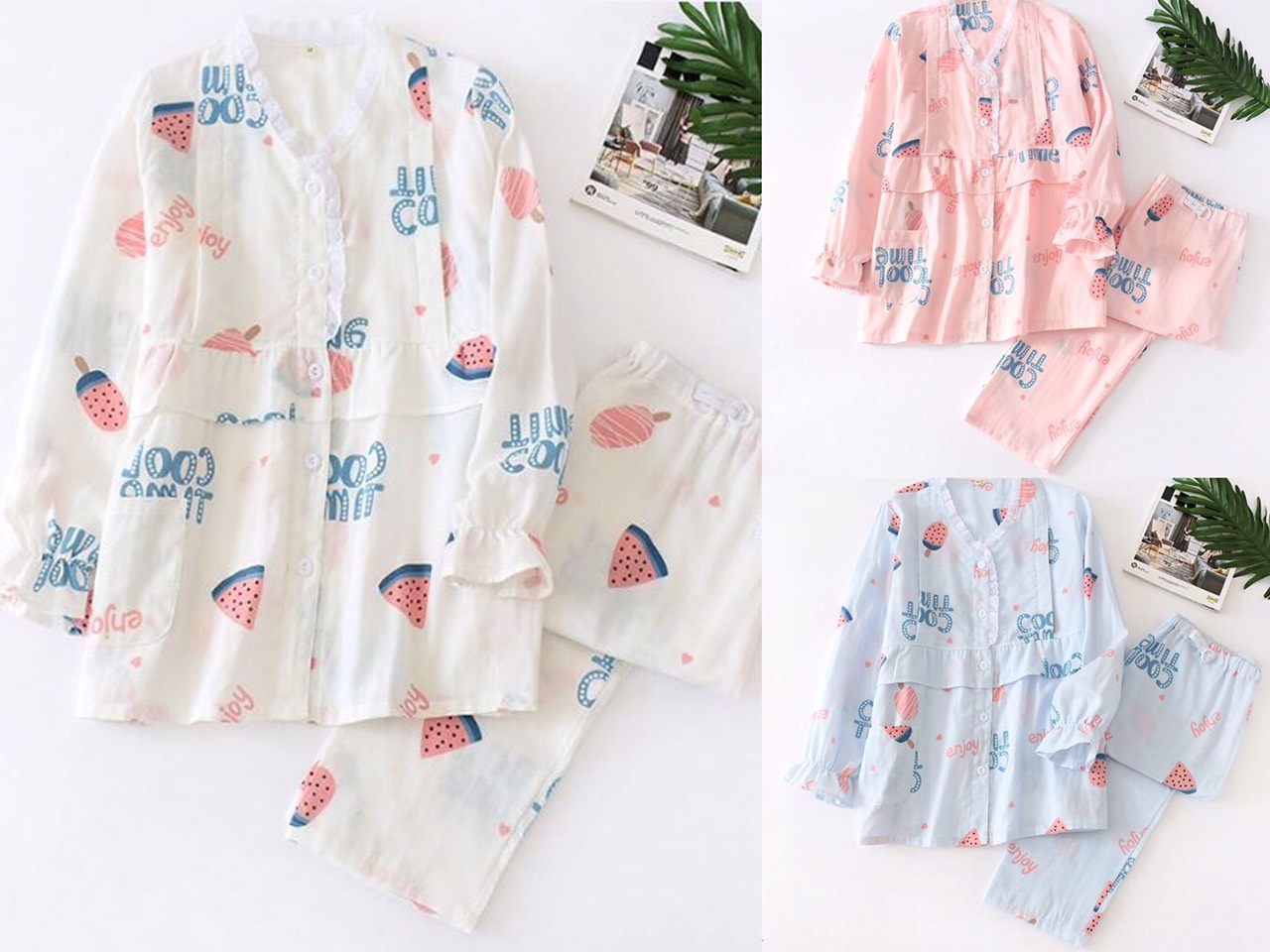 Bộ Đồ Bầu Và Sau Sinh Dài Tay Cổ Tim AZ28 Chất Liệu Vải Xô Nhật Mặc Mùa Hè Cực Mát