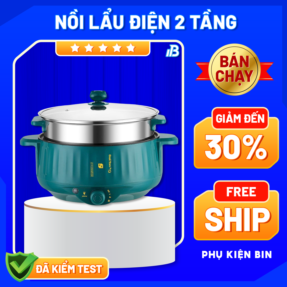 Nồi lẩu điện đa năng 2 tầng chống dính, Nồi lẩu mini, Nồi lẩu điện 2 tầng chống dính cao cấp, Nồi lẩu đa năng