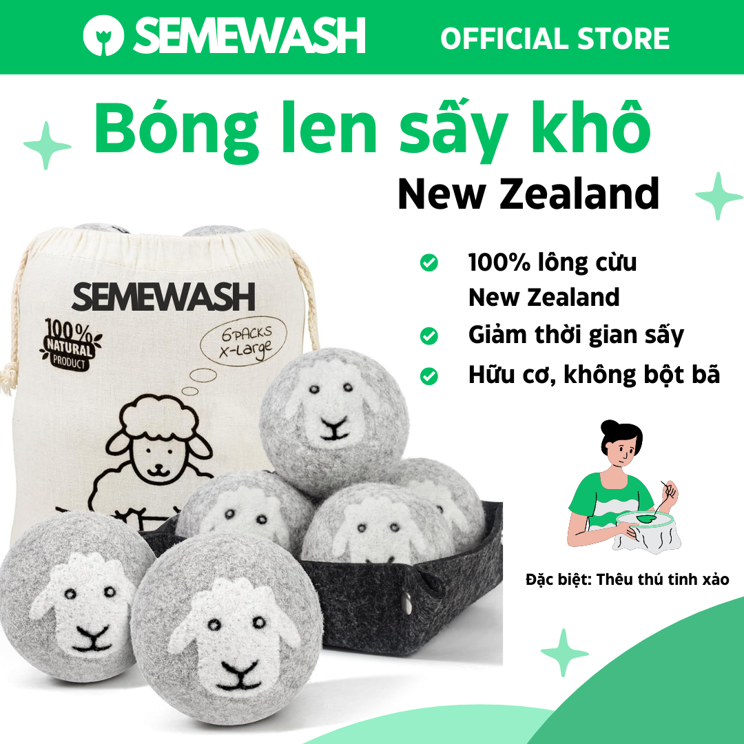Bóng len sấy khô New Zealand combo 6 banh máy giặt sấy quần áo 100% hữu cơ chống nhăn làm mềm vải wool dry balls