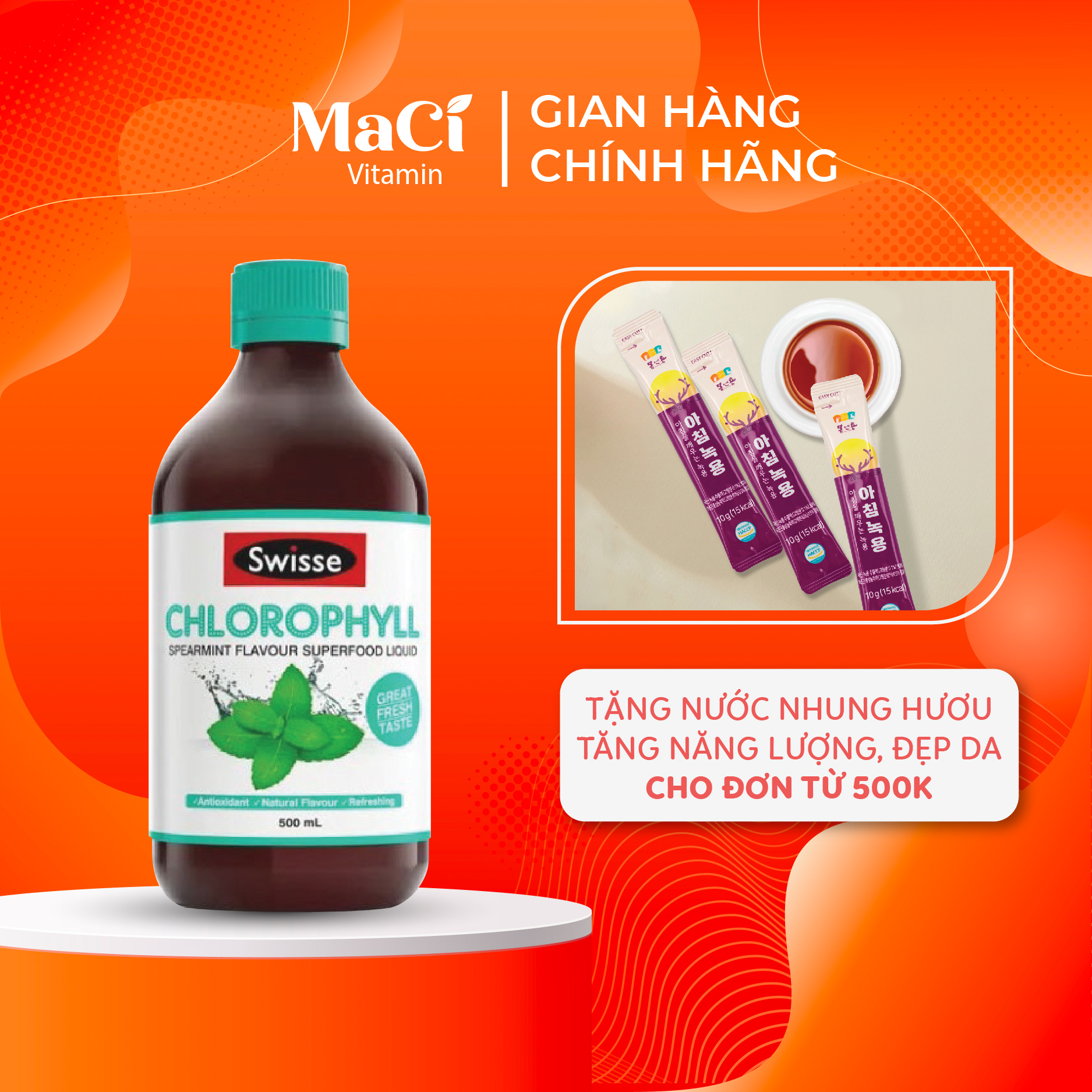 Nước diệp lục Swisse Chlorophyll vị Bạc hà Bổ sung vitamin, bổ sung chất xơ 500ml
