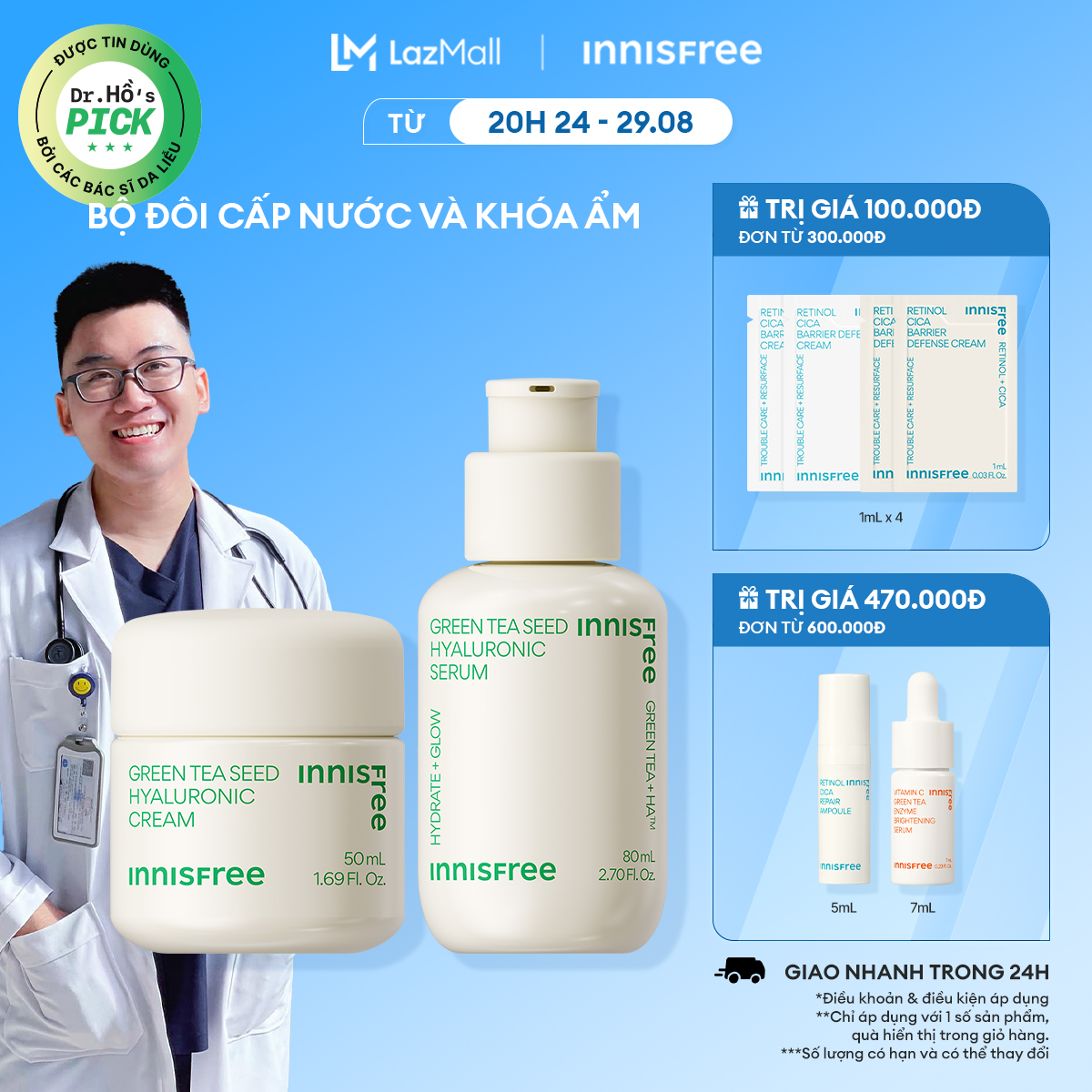 Bộ tinh chất dưỡng ẩm trà xanh green tea seed serum và kem dưỡng ẩm trà xanh innisfree green tea seed cream