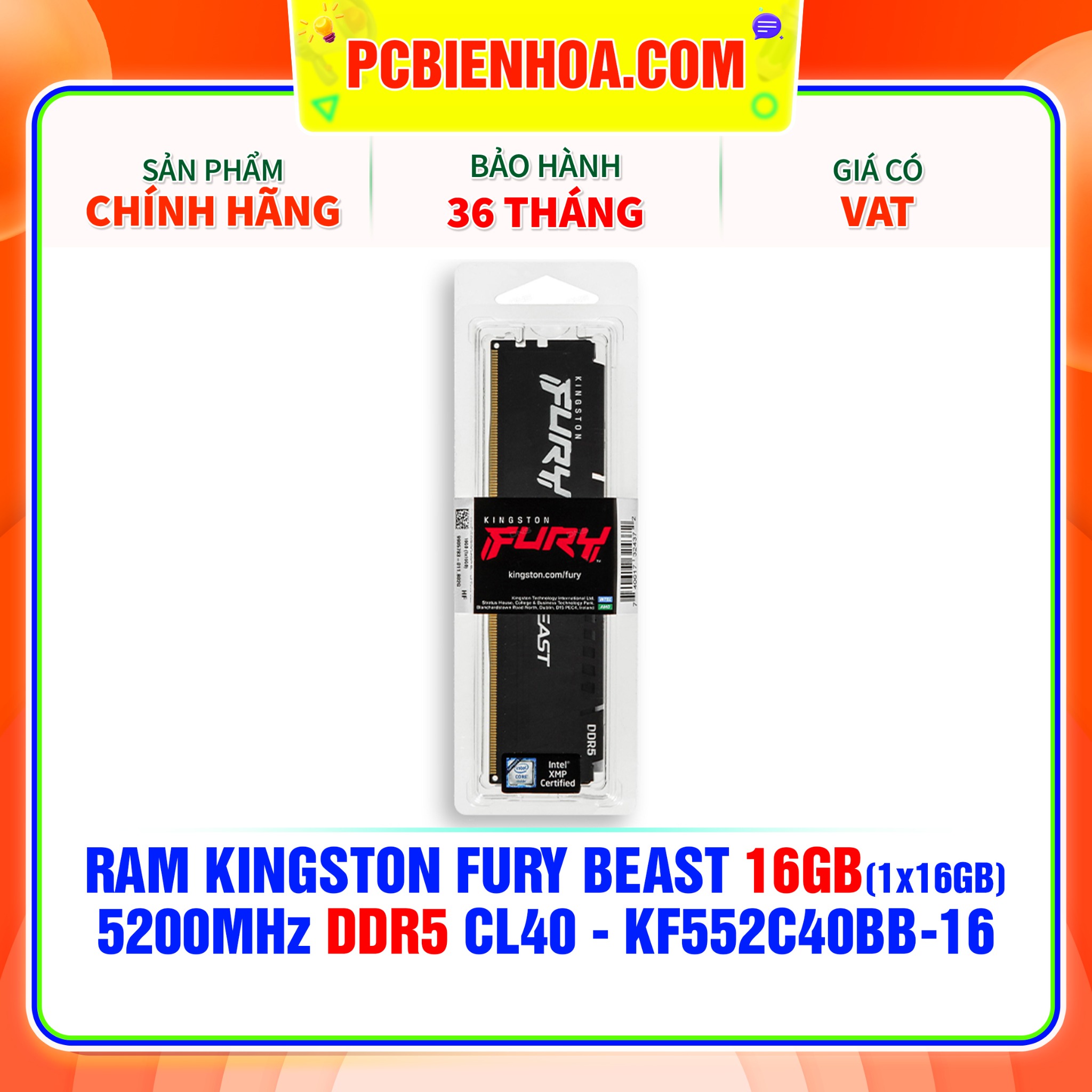 RAM KINGSTON FURY BEAST 16GB 1X16GB 5200MHZ DDR5 CL40 - KF552C40BB-16