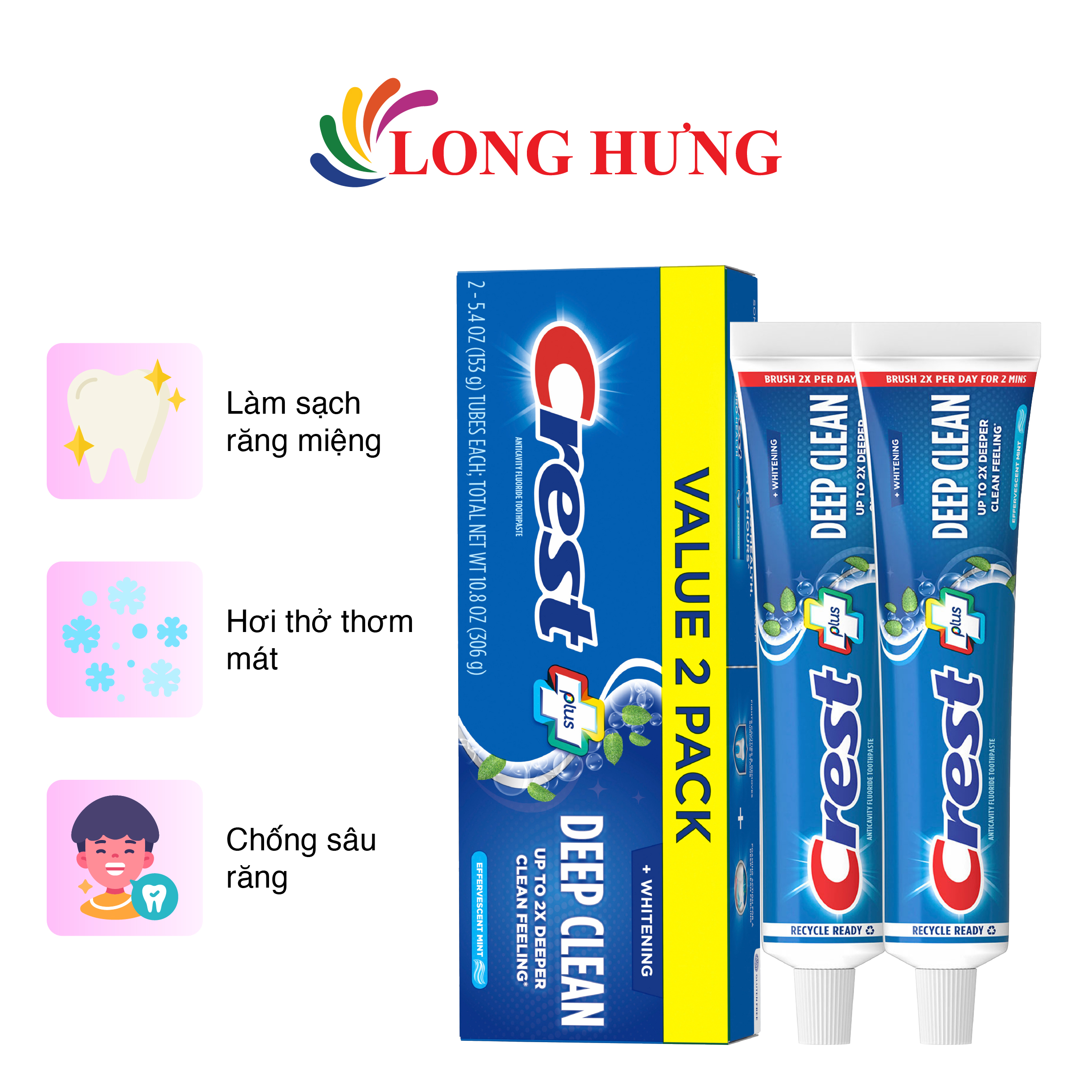 Combo kem đánh răng Crest Plus (153g x 2) - Deep Clean