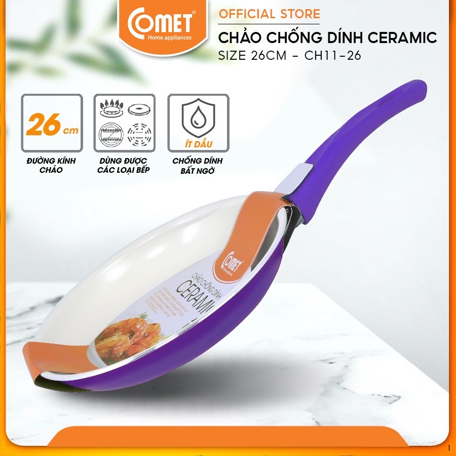 Chảo chống dính ceramic COMET - CH11-26 size lớn 26cm, dùng cho mọi loại bếp, không dùng bếp từ - Hàng chính hãng