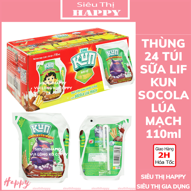 [Tặng bút Kun] Thùng 24 túi x 110ml sữa Kun socola lúa mạch.