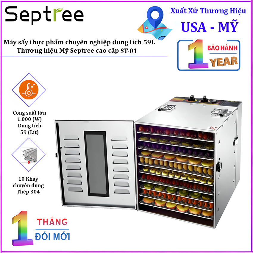 Máy sấy thực phẩm chuyên nghiệp dung tích lớn 59 lít, 10 khay. Thương hiệu Mỹ Septree cao cấp ST-01