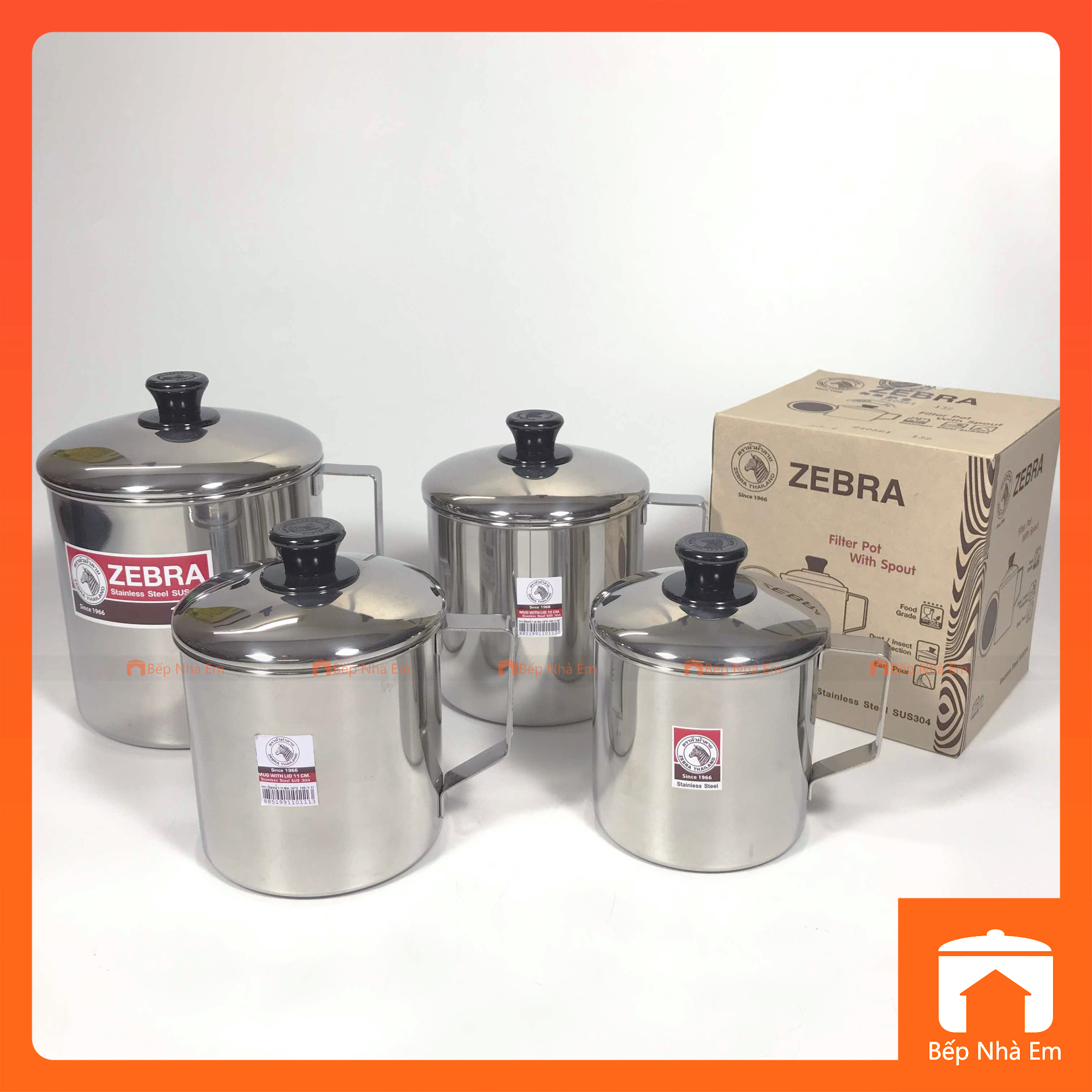 Ca Uống Nước Inox 304 ZEBRA Có Nắp Nhiều Dung Tích 0.4L - 0.5L - 0.7L - 1L - 1.2L - 1.6L. Nhập Khẩu Thái Lan