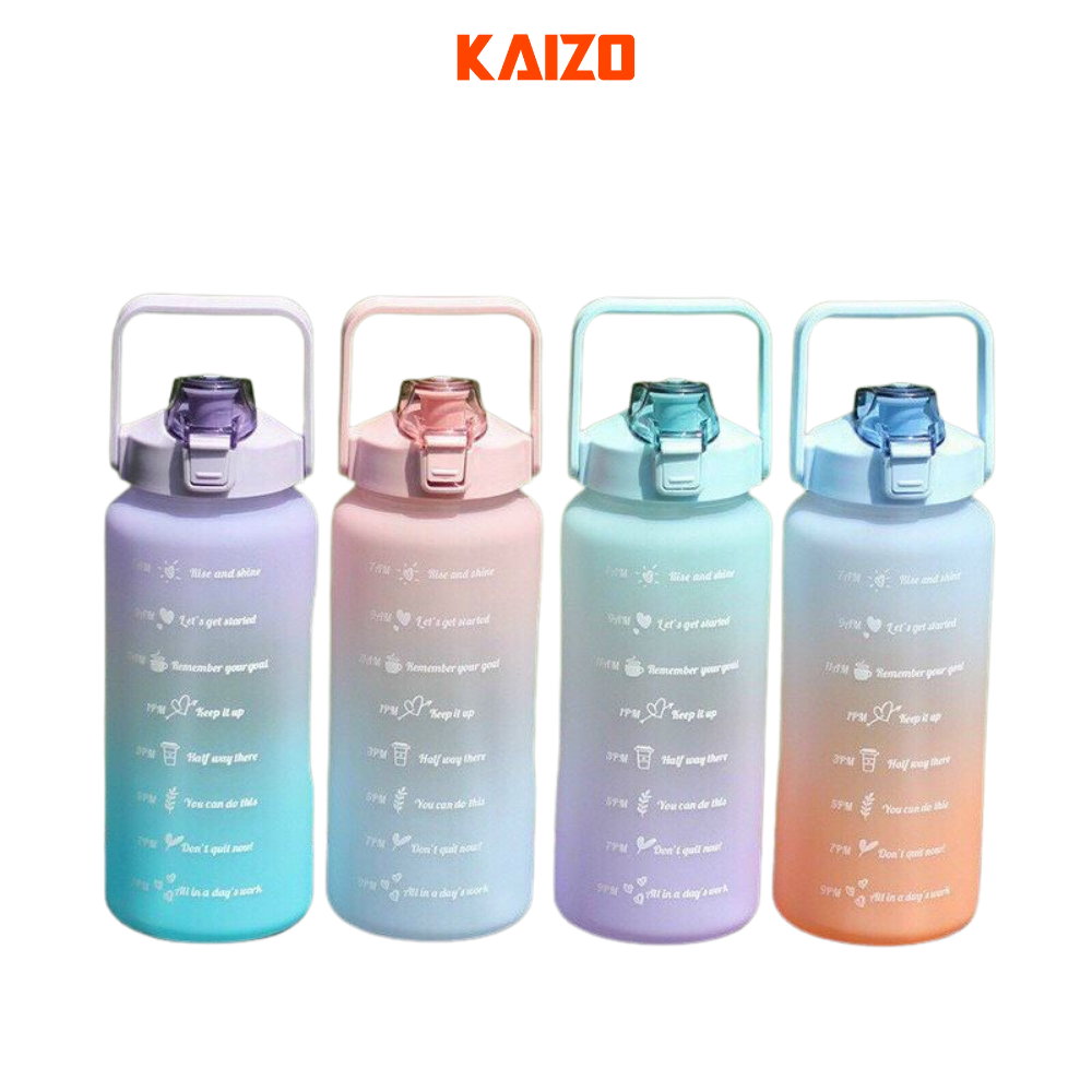 Bình đựng nước 2l kèm ống hút binh uong nuoc dễ thương chia vạch nhắc uống nước KAIZO MART