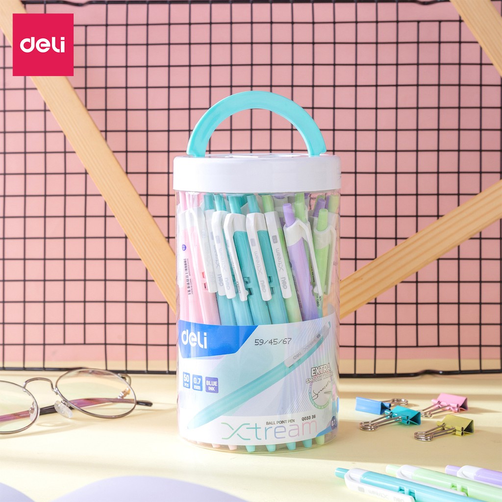 Bút bi bấm văn phòng mực xanh ngòi 0.7mm Deli hộp 50 chiếc giá rẻ viết nét đều trơn tru phù hợp cho học sinh - EQ03336 l2