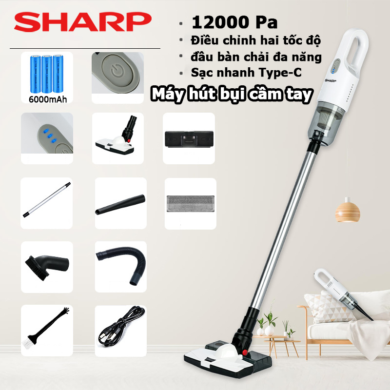 Sharp máy hút bụi cầm tay không dây - 6-in-1 máy hút bụi - 12000pa may hut bui mini cầm tay - xách tay / hút mạnh / có bộ lọc hepa / sạc usb tiện lợi
