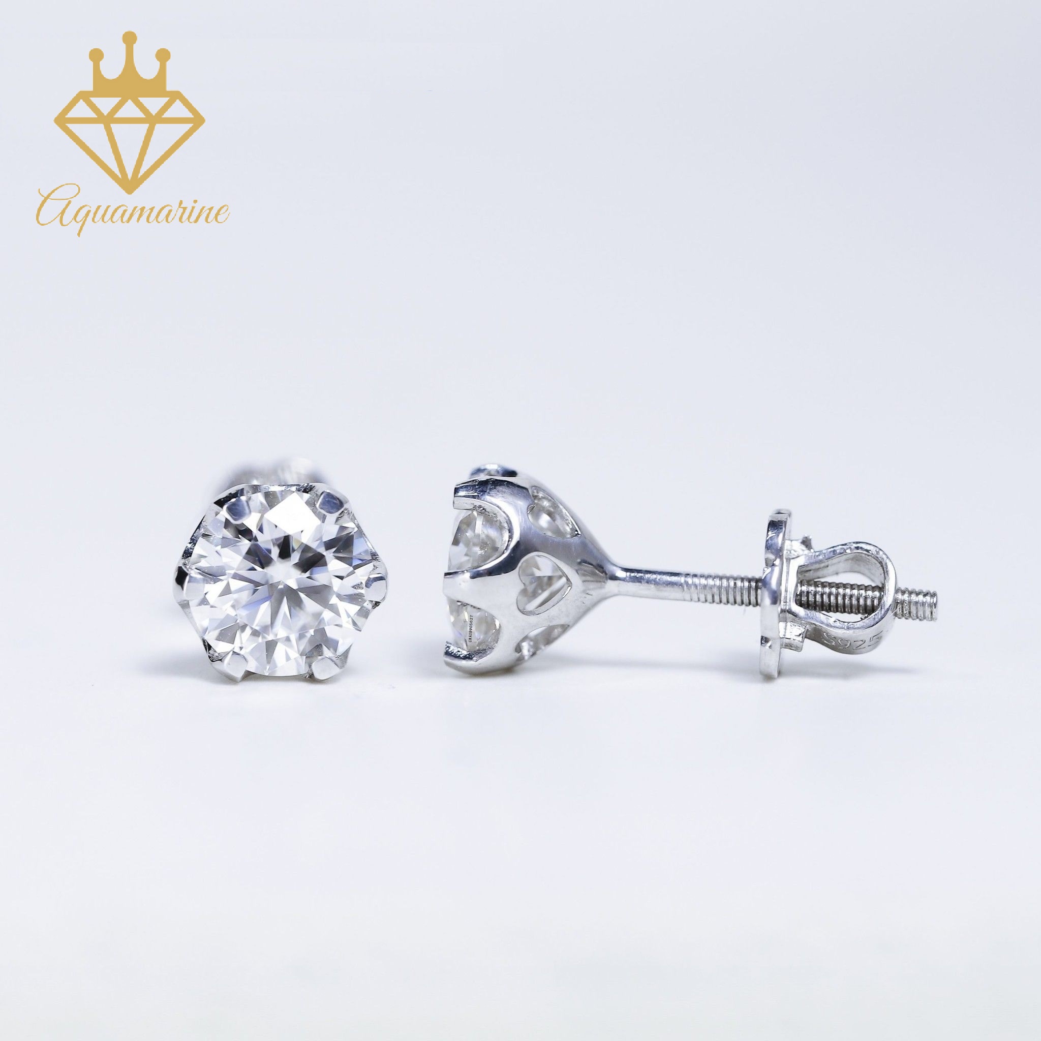 Bông tai kim cương nhân tạo Moissanite 6.3 ly kiểm định GRA bạc xi bạch kim SEE073 (6 chấu)