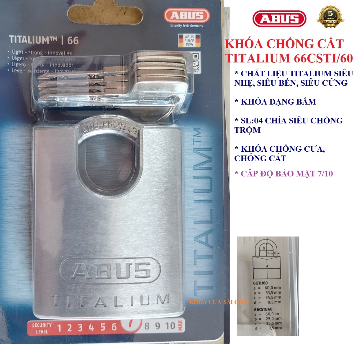 Khóa abus 66csti/60 thân titalium rộng 60mm 4 chìa vi tính-bh 5 năm
