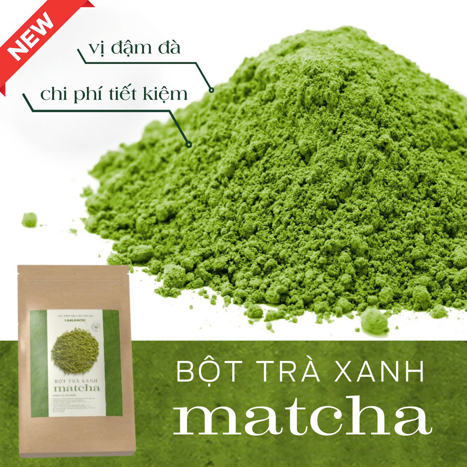 Bột trà xanh matcha cao cấp LANLANCHA vị đậm không tanh chuẩn vị Nhật Bản tiện lợi cho pha chế