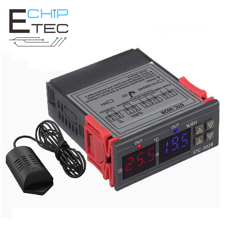 Stc-3028 12v/24v/110-220v bộ điều khiển độ ẩm kỹ thuật số kép nhiệt kế 10a với đầu dò cảm biến ntc bộ điều chỉnh nhiệt độ