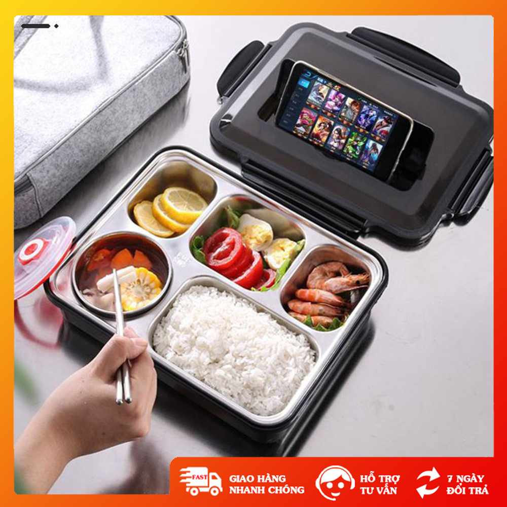 [HCM]Hộp Cơm Văn Phòng Khay Inox 5 Ngăn (Hop Com 5 Ngan) Hộp Cơm Văn Phòng Đa Năng Tiện Lợi Có Bát Để Canh Bọc Nhựa Bên Ngoài Tặng Kèm Đũa Và Thìa Inox Tiện Ích.