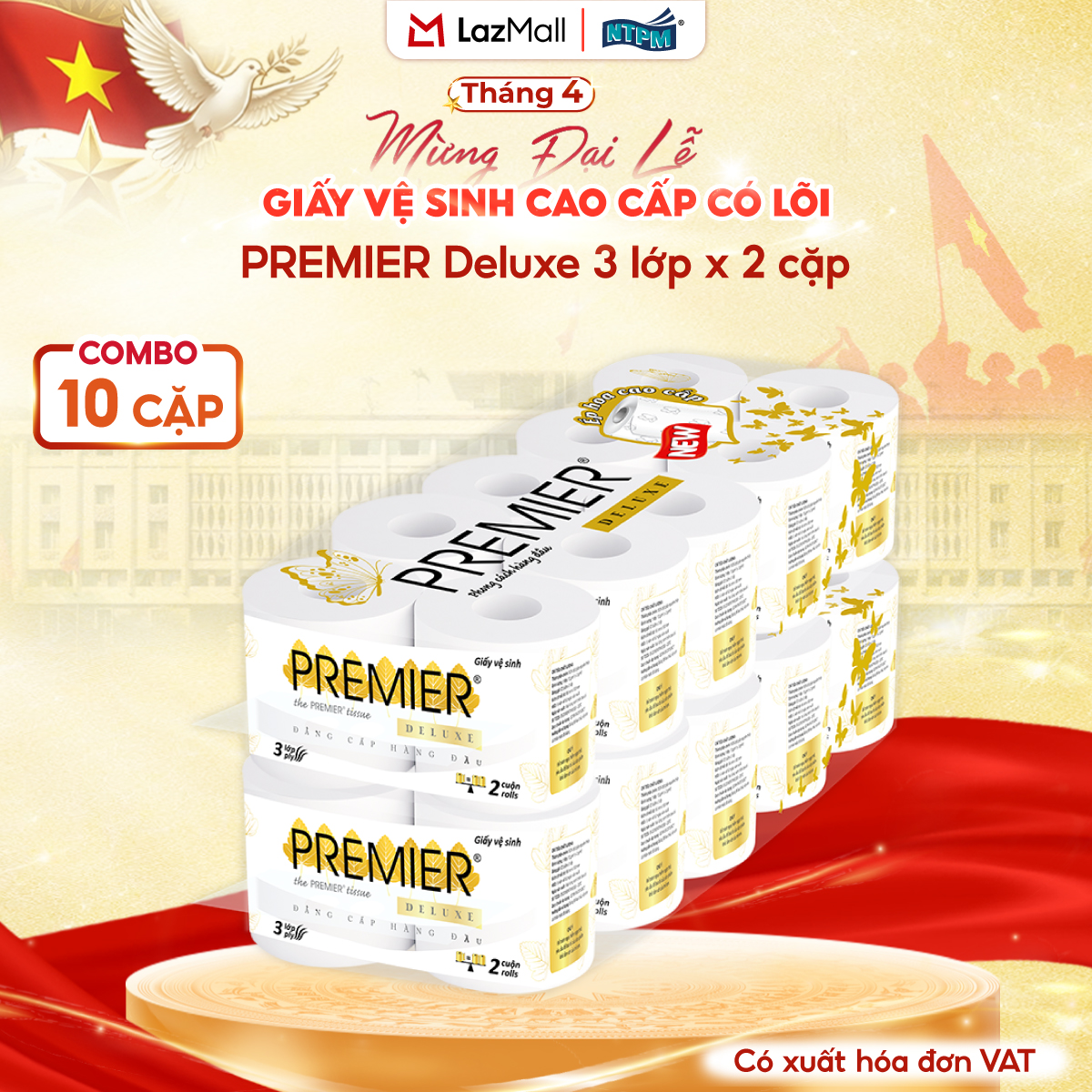 [COMBO 20 CUỘN] Giấy vệ sinh cao cấp PREMIER Deluxe có lõi, 3 lớp - 100% bột giấy nguyên sinh, không chất tẩy, 10 cuộn/lốc – Chính hãng