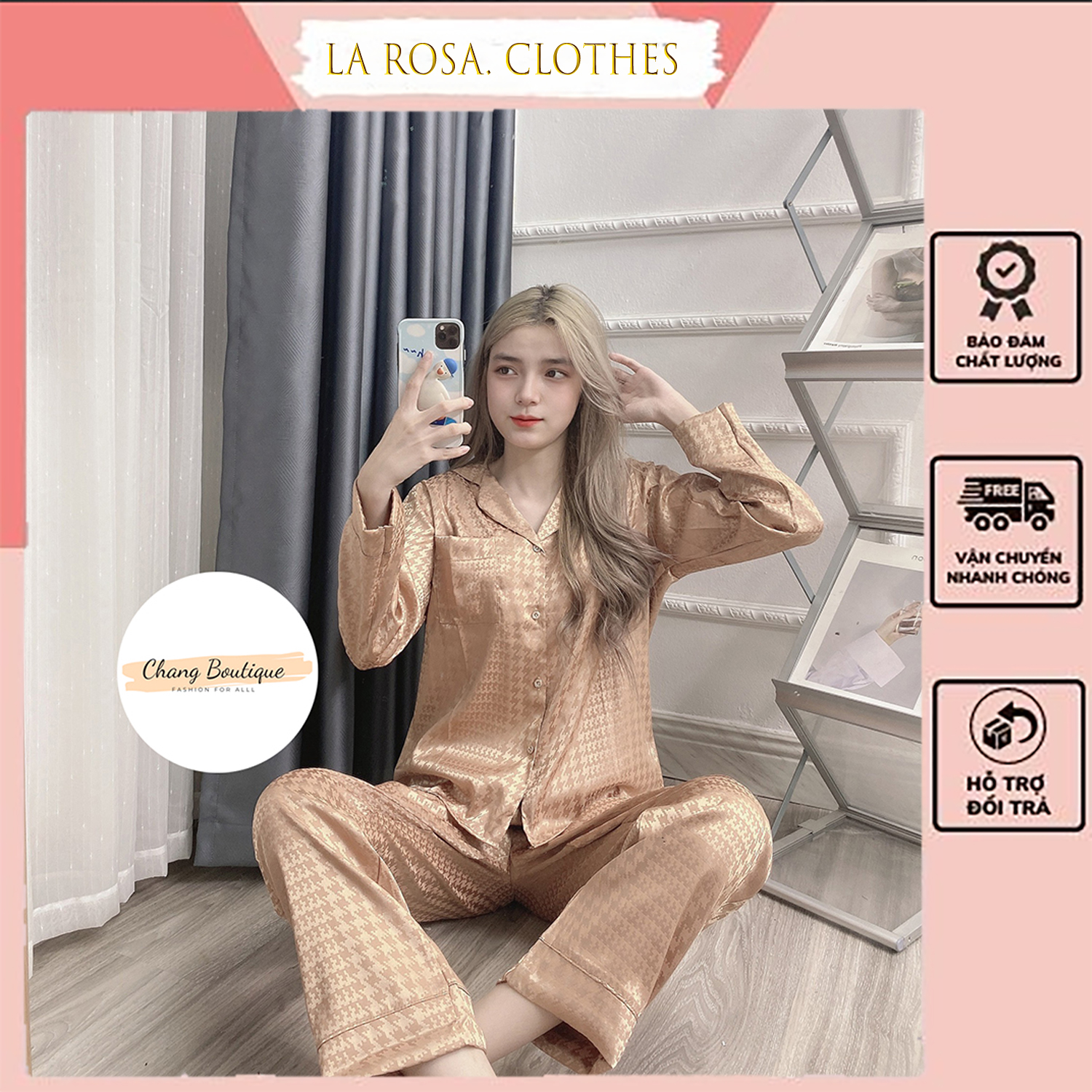 Đồ ngủ nữ dài tay lụa gấm sang chảnh, đồ bộ nữ mặc nhà áo dài quần dài lụa mềm mịn, đồ bộ pyjma cao cấp