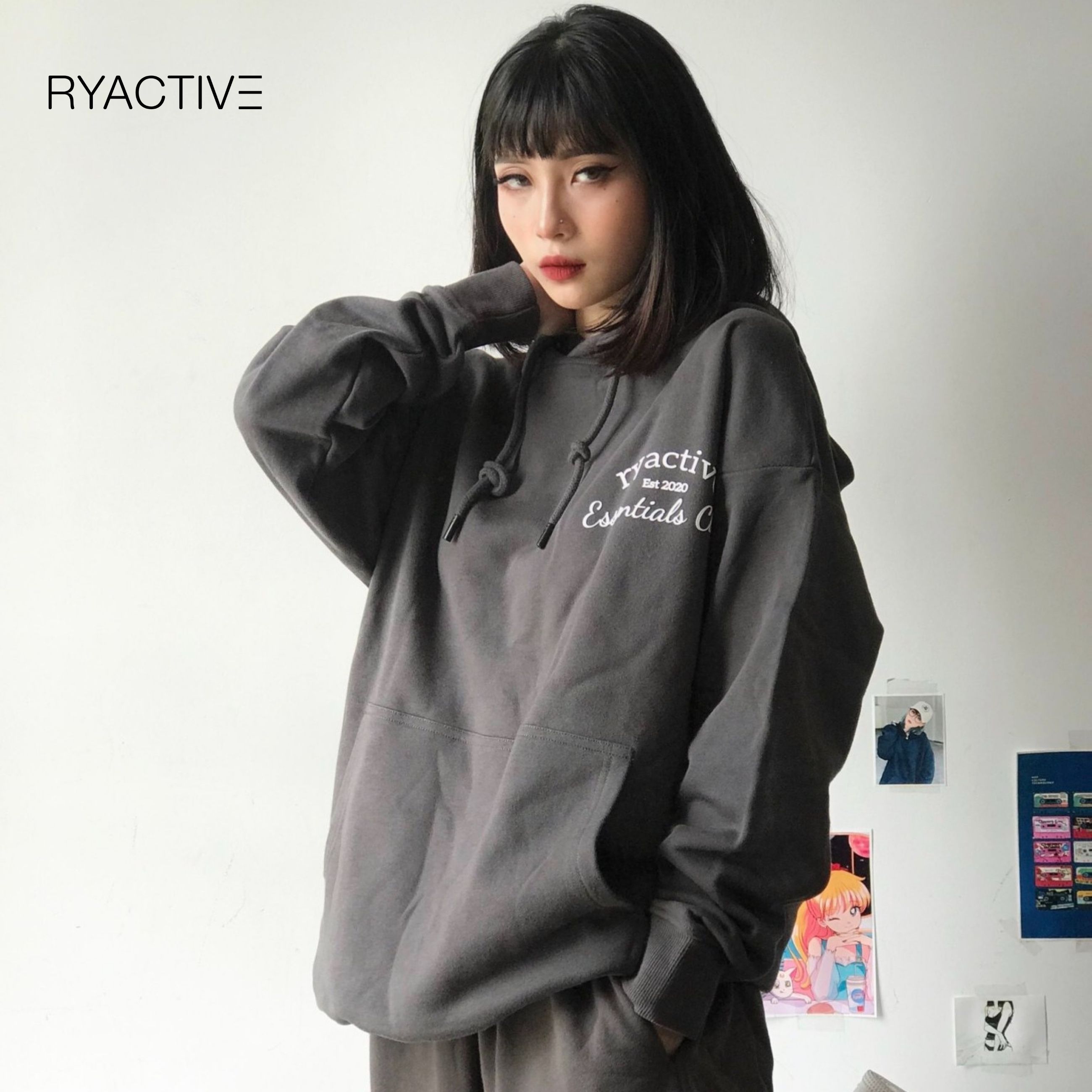 Áo hoodie form rộng ryactive - comfort hoodie dark grey